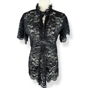 Paco Rabanne Black Lace Top Womens Size 42 Sheer Ruffle Dark Romantic Goth Luxe